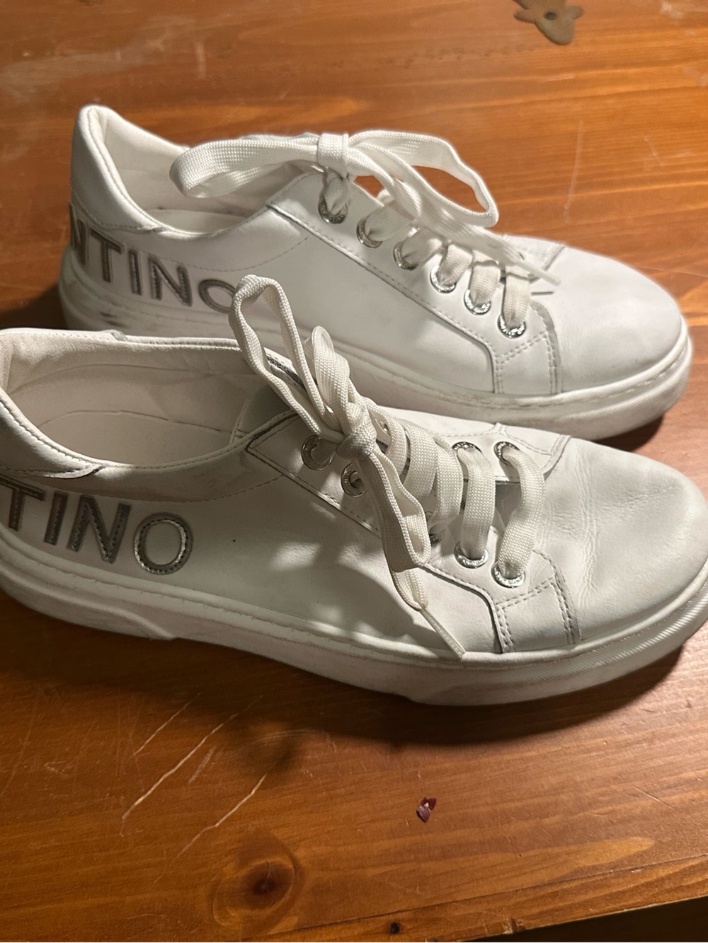 Valentino White Low-Top Lace-Up Sneakers with Logo Heel